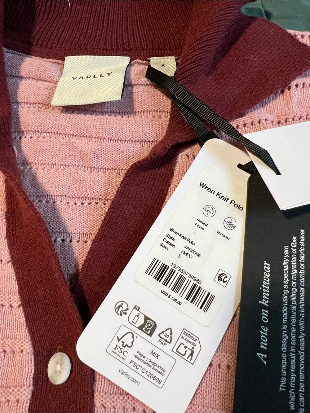 Varley NWTO Wren Pink V-Neck Knit Polo Sweater with Burgundy Trim Size S - Picture 2 of 5